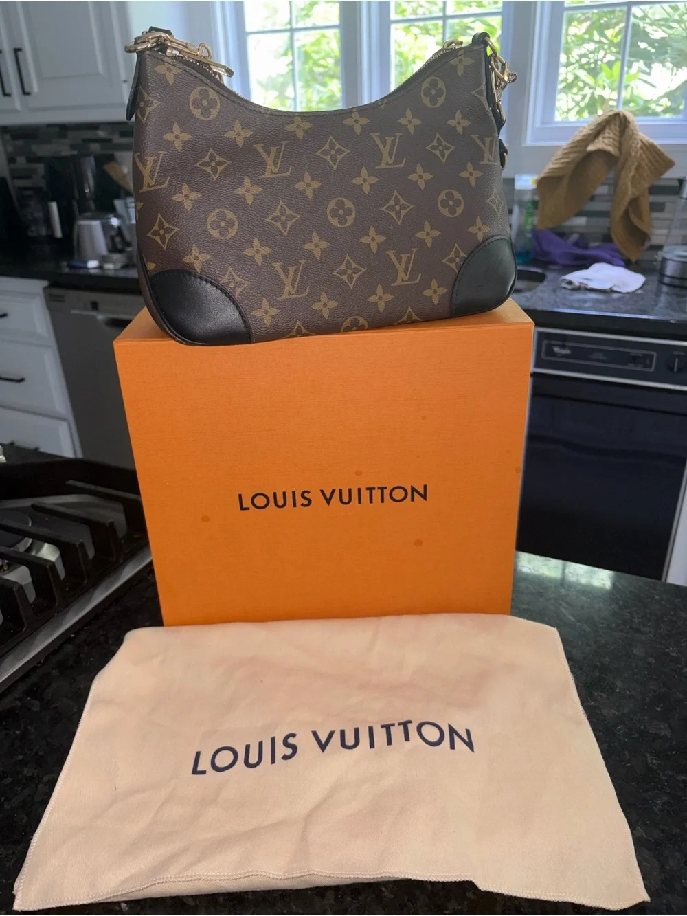 Louis Vuitton Boulogne Shoulder Bag with Black Trim and Gold Hardware